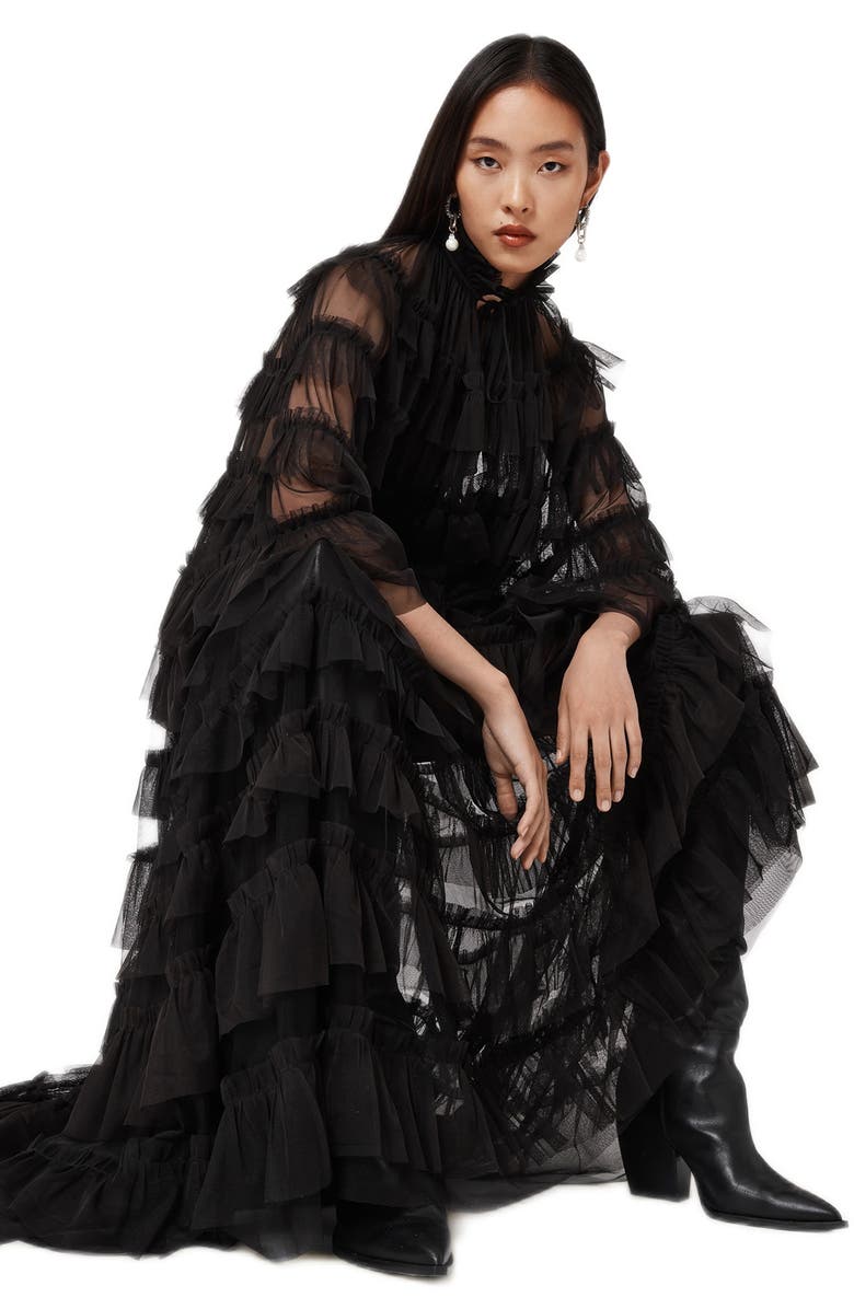 AllSaints Aude Tiered Tulle Ruffle Maxi Skirt, Alternate, color, Black