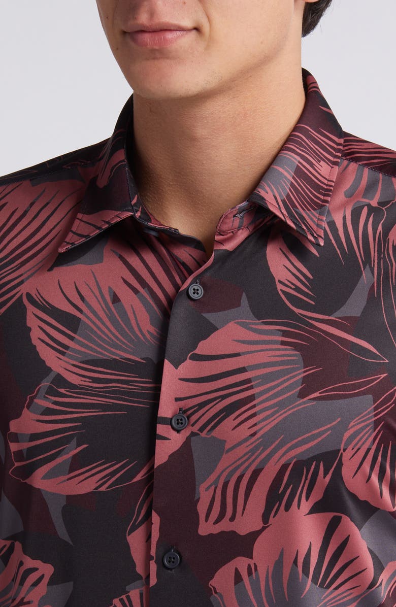 BOSS Roan Slim Fit Leaf Print Short Sleeve Stretch Button-Up Shirt, Alternate, color, Red
