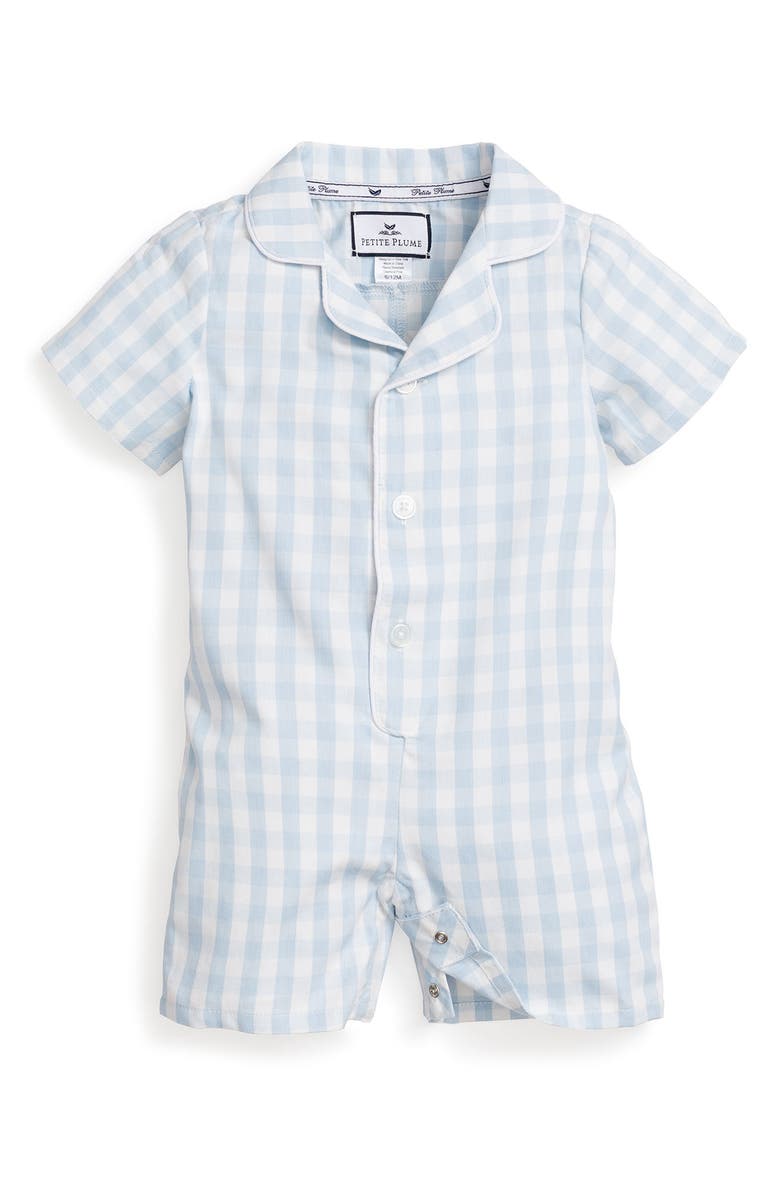 Petite Plume Classic Gingham One-Piece Pajamas, Main, color, Light Blue