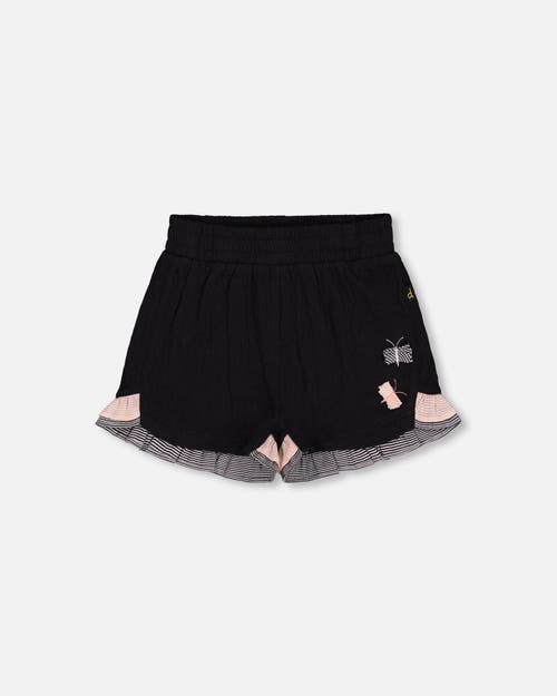 Deux Par Deux Little Girl's Crinkle Short With Frills Black And Butterflies In Black And Butterflies