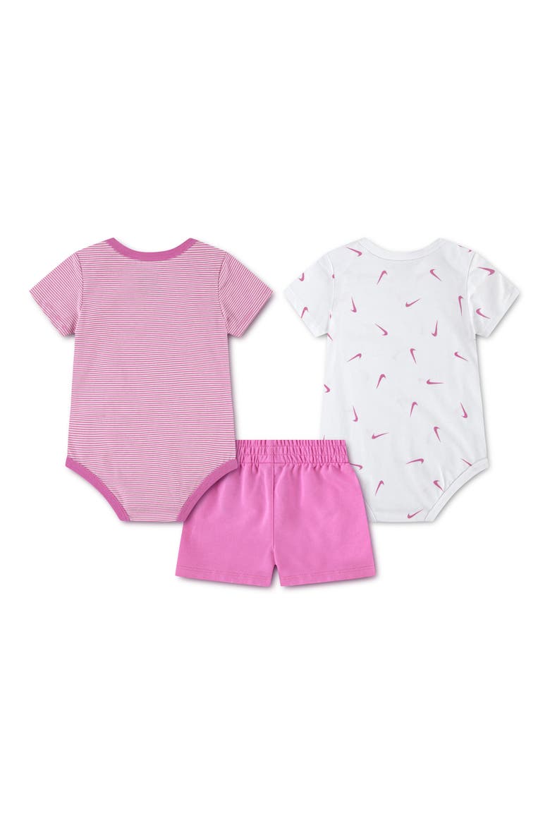 Kids' 3-Piece Stripe & Swooshfetti Bodysuit & Shorts Set, Alternate, color, PLAYFUL PINK