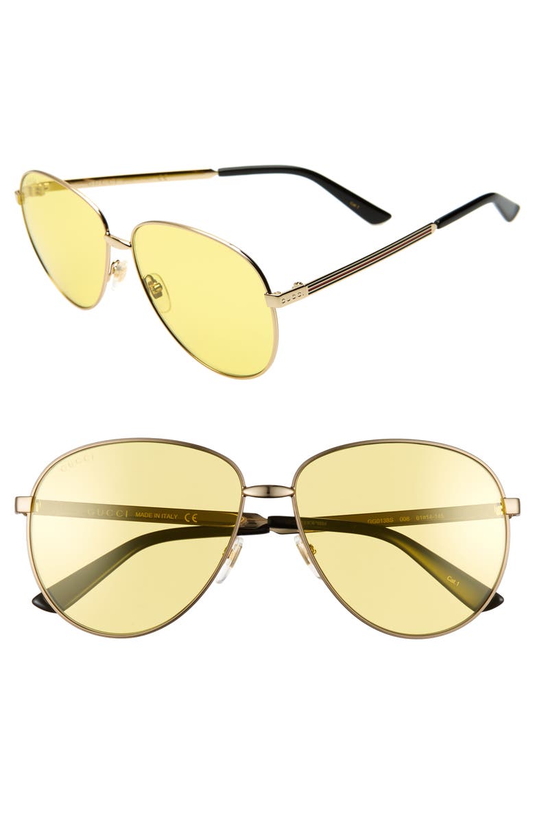 Gucci 61mm Metal Aviator Sunglasses, Main, color, Gold/ Solid Yellow