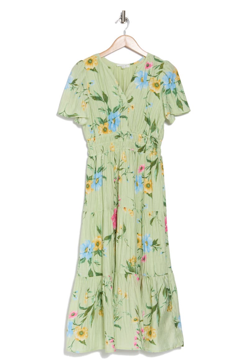 Floral Short Sleeve Tiered Midi Dress, Alternate, color, SAGE MULTI