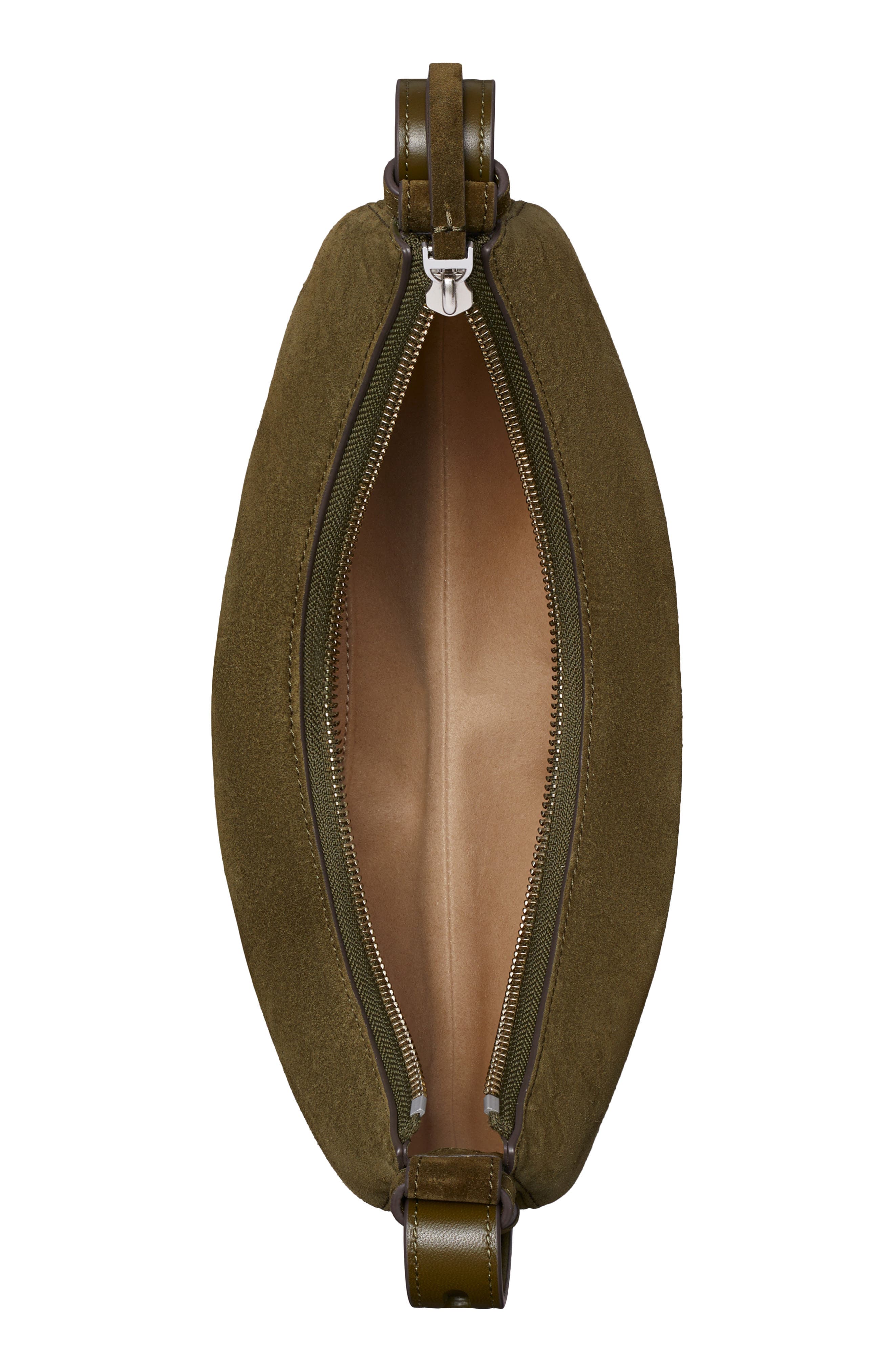 Tory Burch Romy Suede Half Moon Shoulder Bag, Alternate, color, Leccio