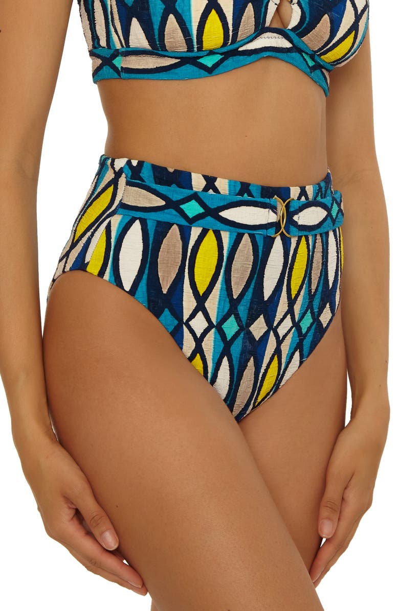 Trina Turk Paros Belted High Waist Bikini Bottoms, Alternate, color, Blue Multi