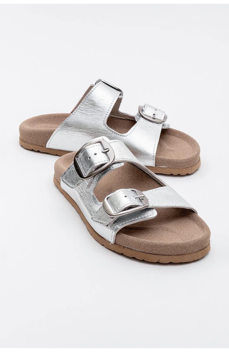 Forever & Always Shoes Ovesta Soft Footbed Leather Slide Sandal, Main, color, Silver Leather