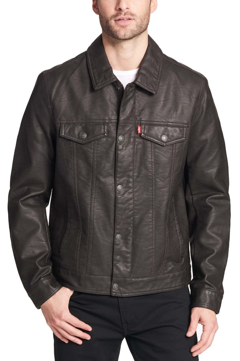 Faux Leather Trucker Jacket, Alternate, color, DARK BROWN