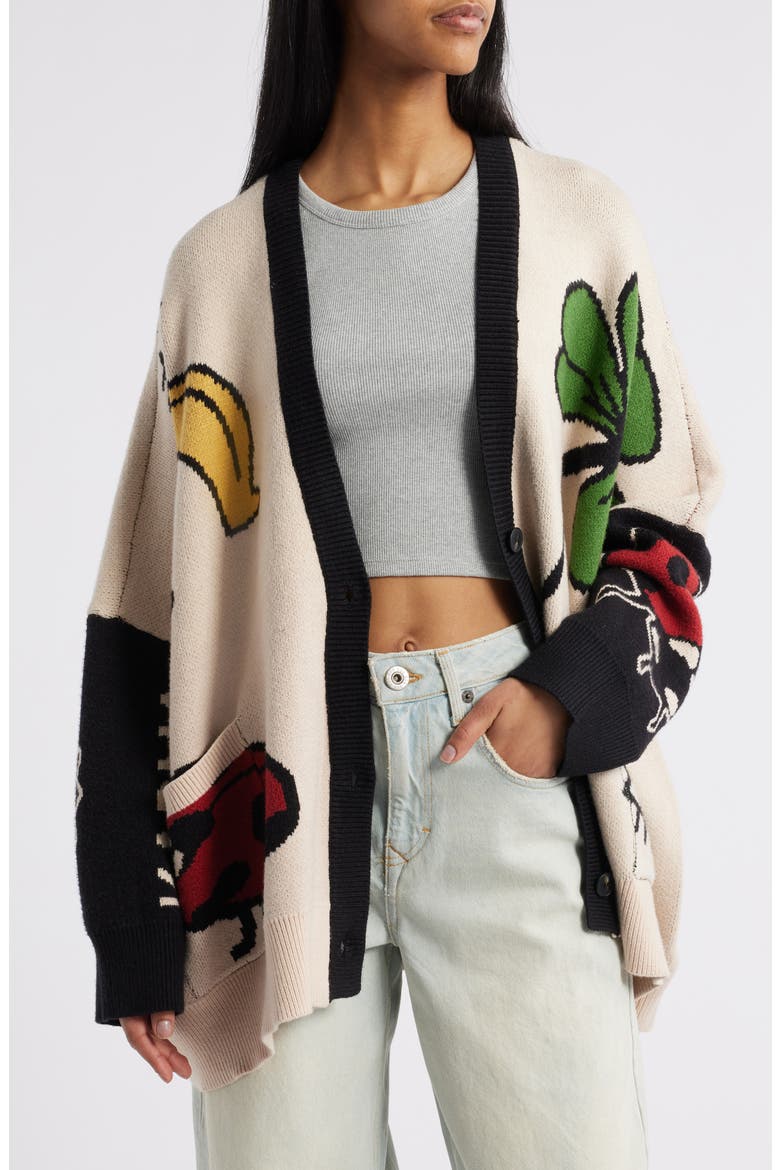 Lucky Clover Oversize Cardigan, Main, color, BEIGE/ BLACK