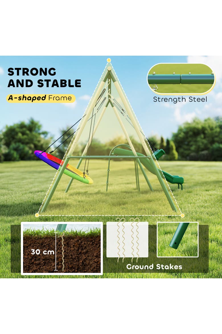 Metal Swing Set with Slide, Saucer Swing Seat, A-Frame Stand, Kids Ages 3-8, Alternate, color, Dark Green