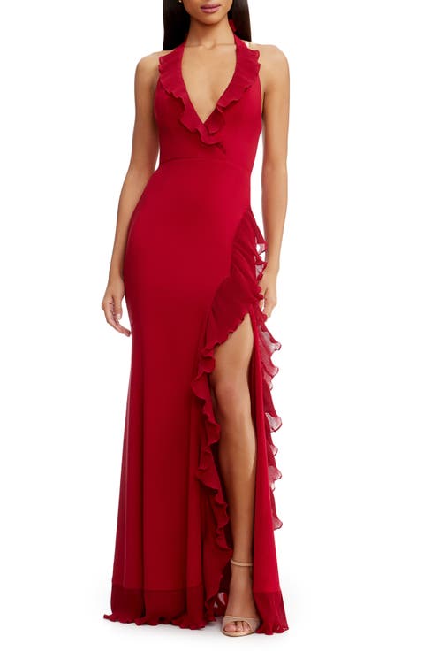 Kathleen Ruffle Halter Gown with Train