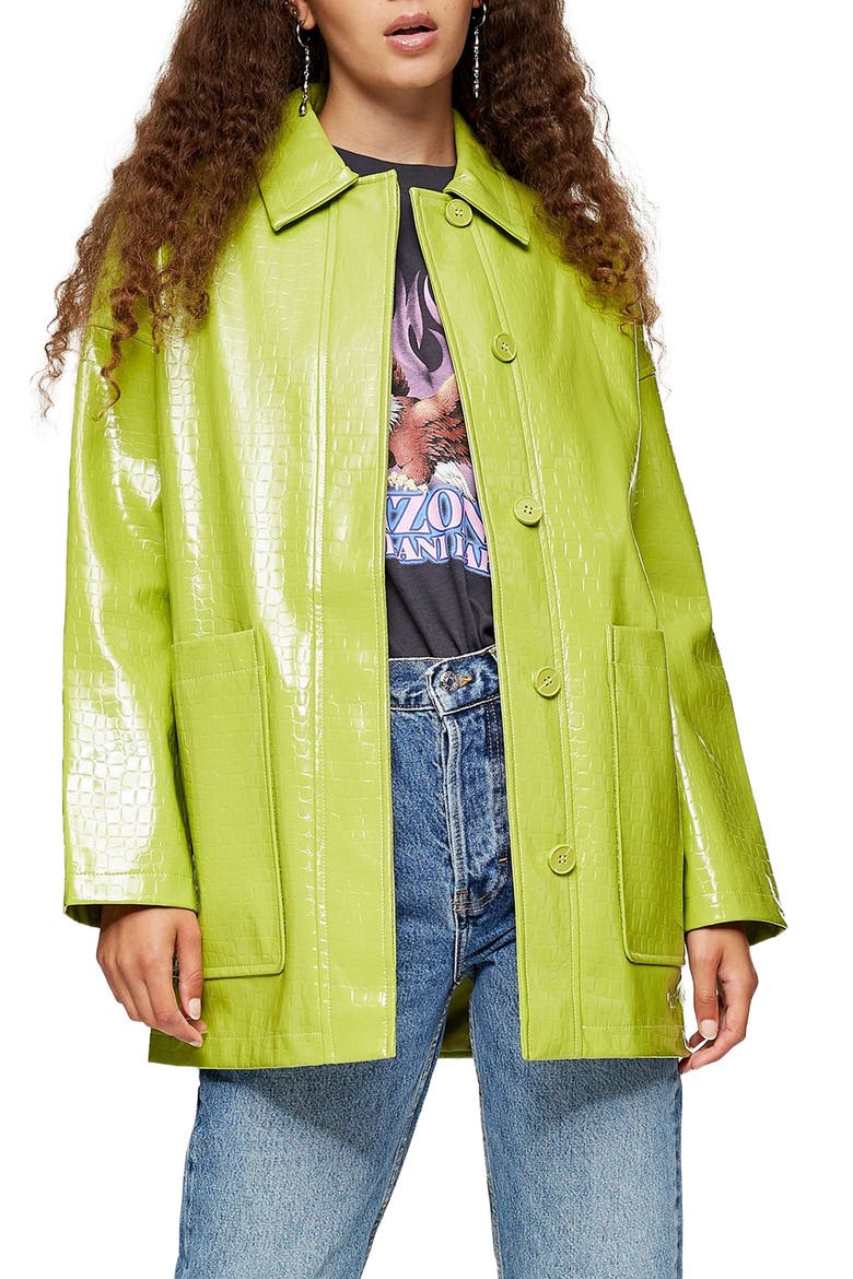 Alma Crocodile Faux Leather Shirt Jacket, Main, color, LIME
