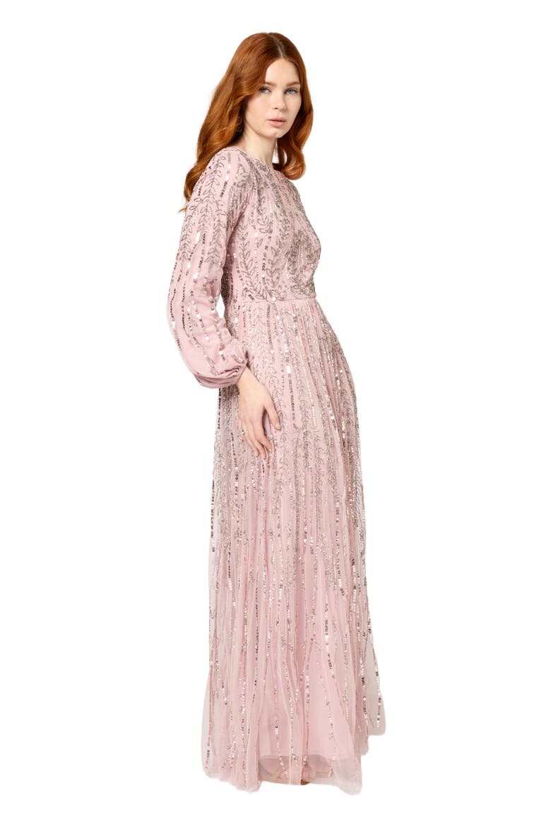 Occasion Modest Embellished Sequin Beaded A Line Evening Maxi Dress, Alternate, color, FROSTED PINK