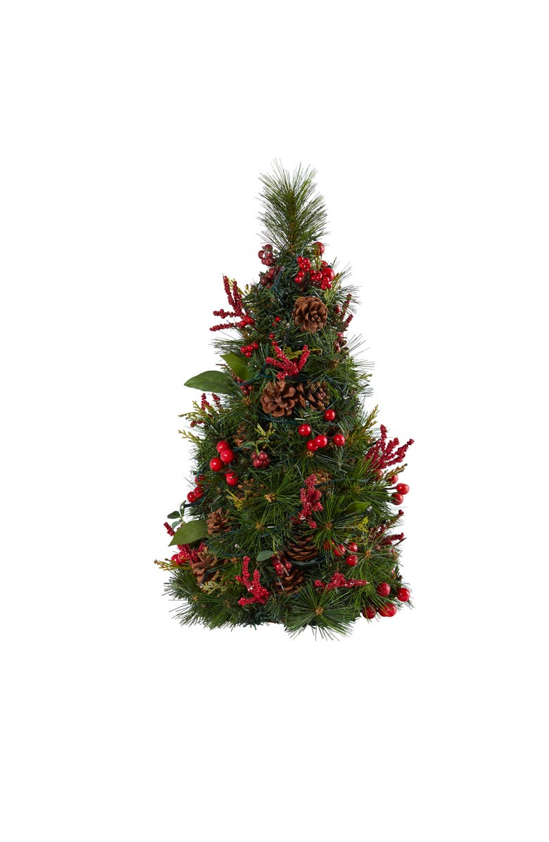 NEARLY NATURAL 2-ft Mixed Berry and Pine Cone Artificial Christmas Tree with 35 Clear LED Lights, Main, color, Green