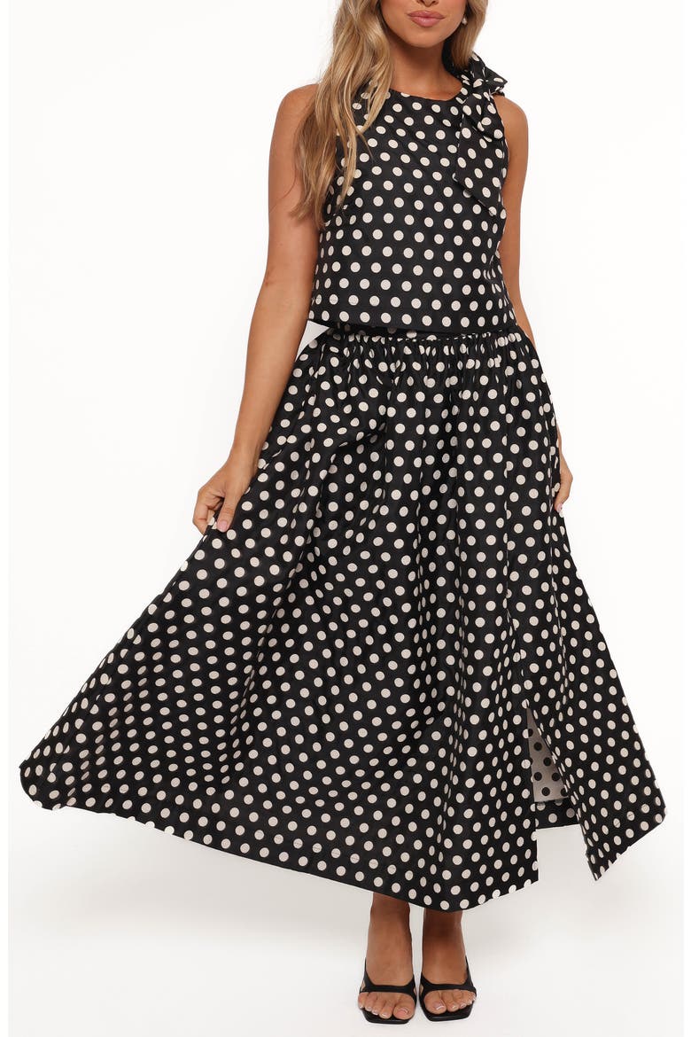 Rhea Polka Dot Sleeveless Top & Maxi Skirt, Main, color, BLACK