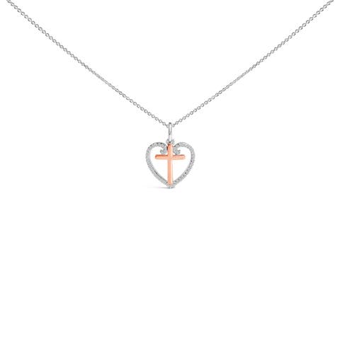 14K Rose Gold Plated Sterling Silver 1/5 Cttw Diamond Heart Cross Pendant Necklace