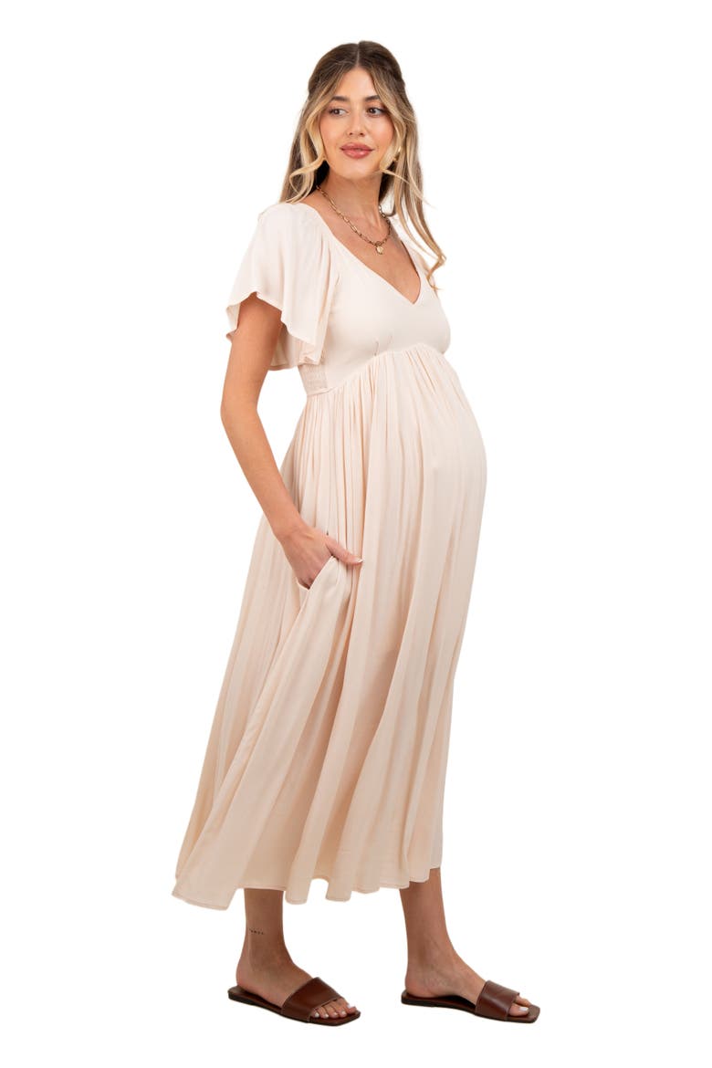 V-Neck Flutter Short Sleeve Midi Dress, Alternate, color, Cream