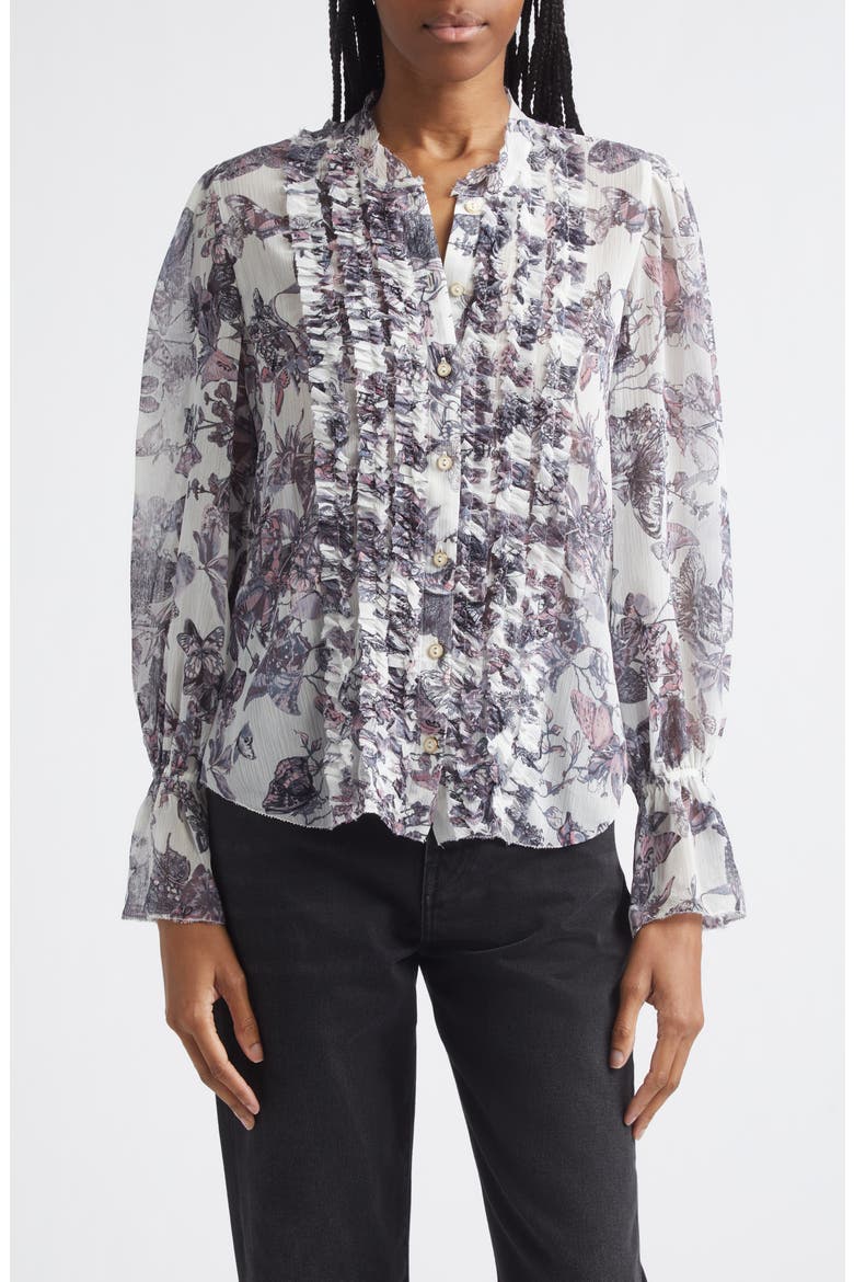 Eunice Butterfly Print Ruffle Trim Button-Up Top, Main, color, VINTAGE WHITE WATERCOLOR BUFLY