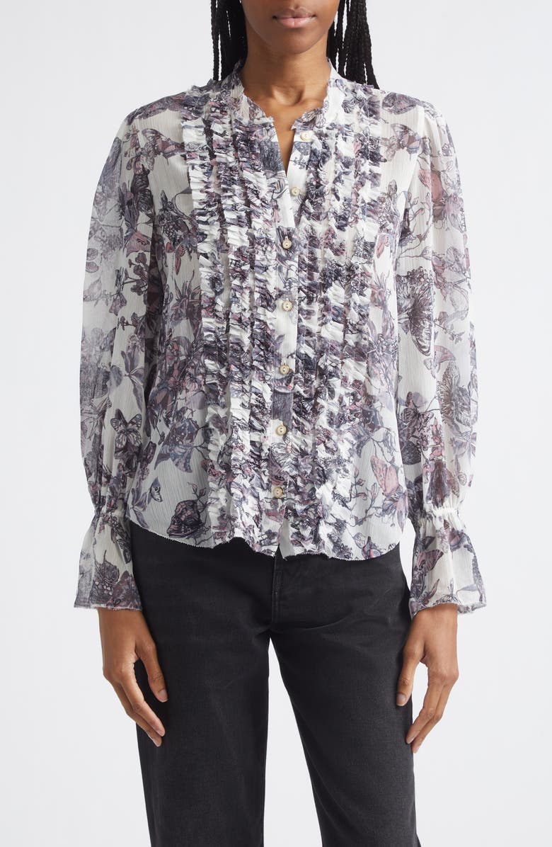 L'AGENCE Eunice Butterfly Print Ruffle Trim Button-Up Top, Main, color, Vintage White Watercolor Bufly