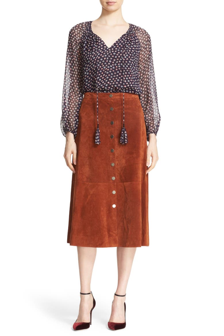 'Gracelynn' Suede Midi Skirt, Alternate, color, WHISKY BROWN
