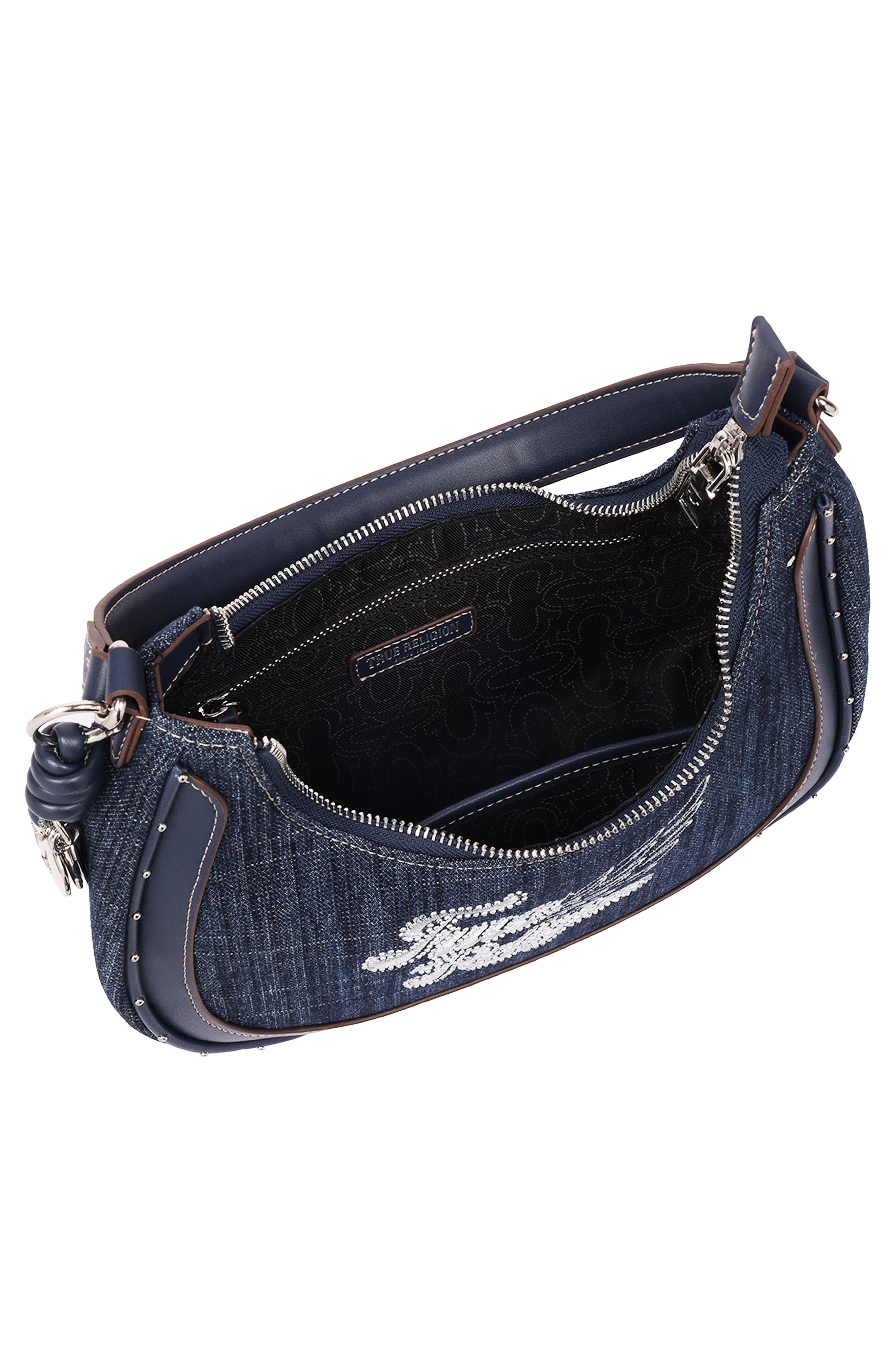 True Religion Wing Motif Denim Hobo Bag, Alternate, color, Navy