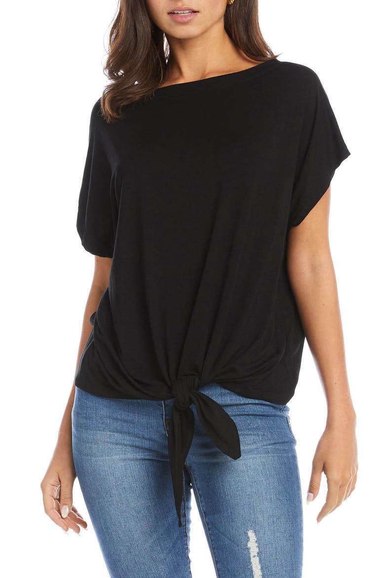 Boatneck Tie Front Top, Main, color, BLACK