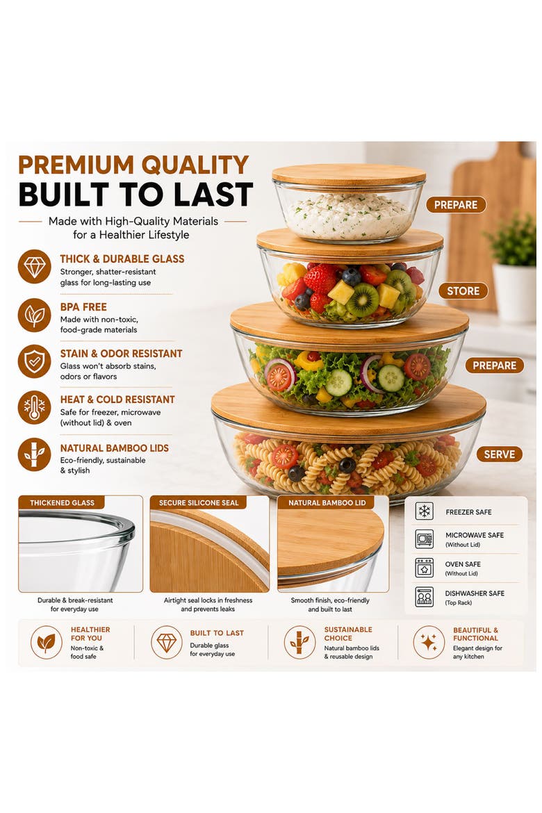 4-Piece Glass Bowl Set with Bamboo Lids, Alternate, color, NO COLOR