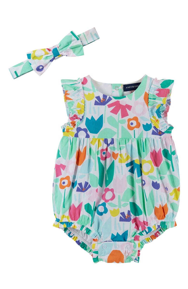 Andy & Evan Bubble Floral Cotton Romper & Headband Set, Main, color, 