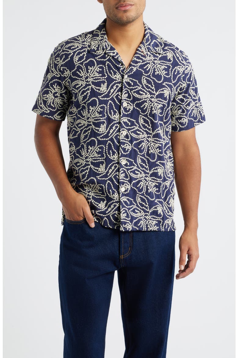 Casual Fit Floral Embroidered Camp Shirt, Main, color, VERY DARK NAVY