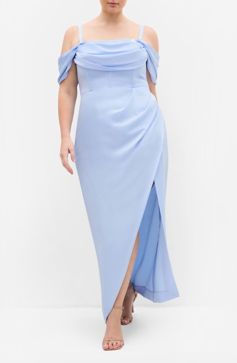 City Chic Forbidden Love Off the Shoulder Maxi Dress, Main, color, Sky Blue