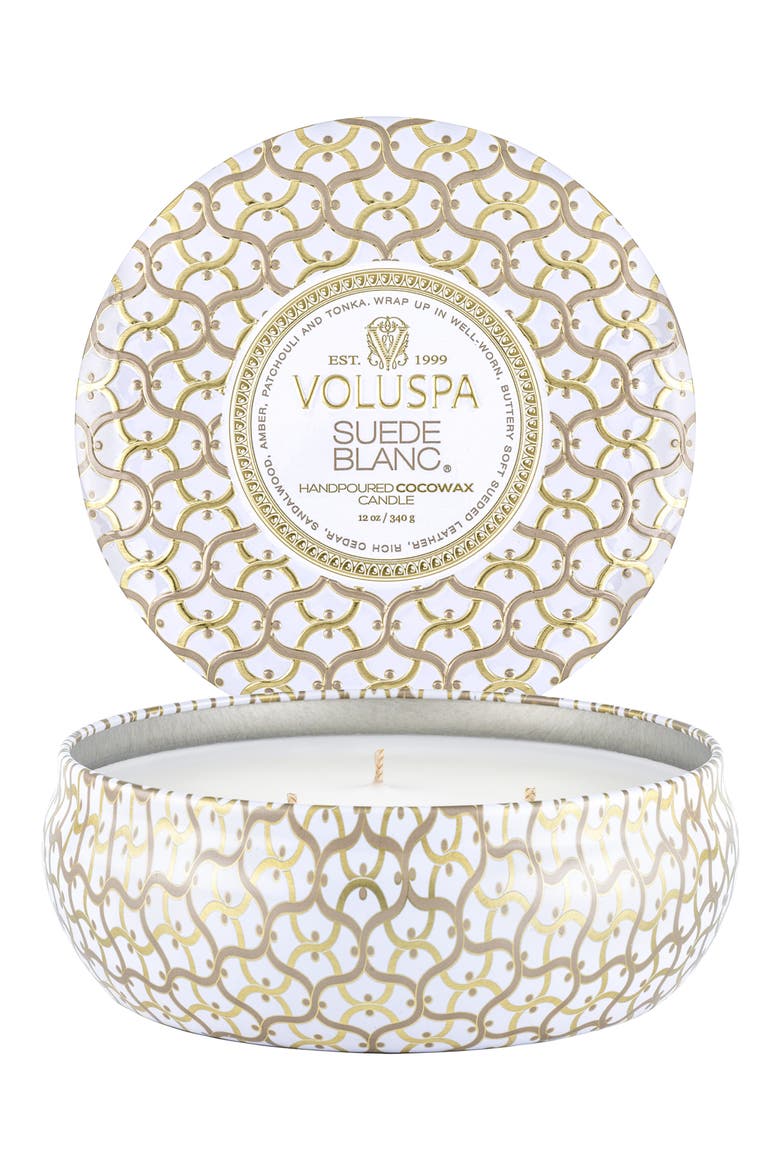 Suede Blanc 3-Wick Tin Candle, Main, color, SUEDE BLANC