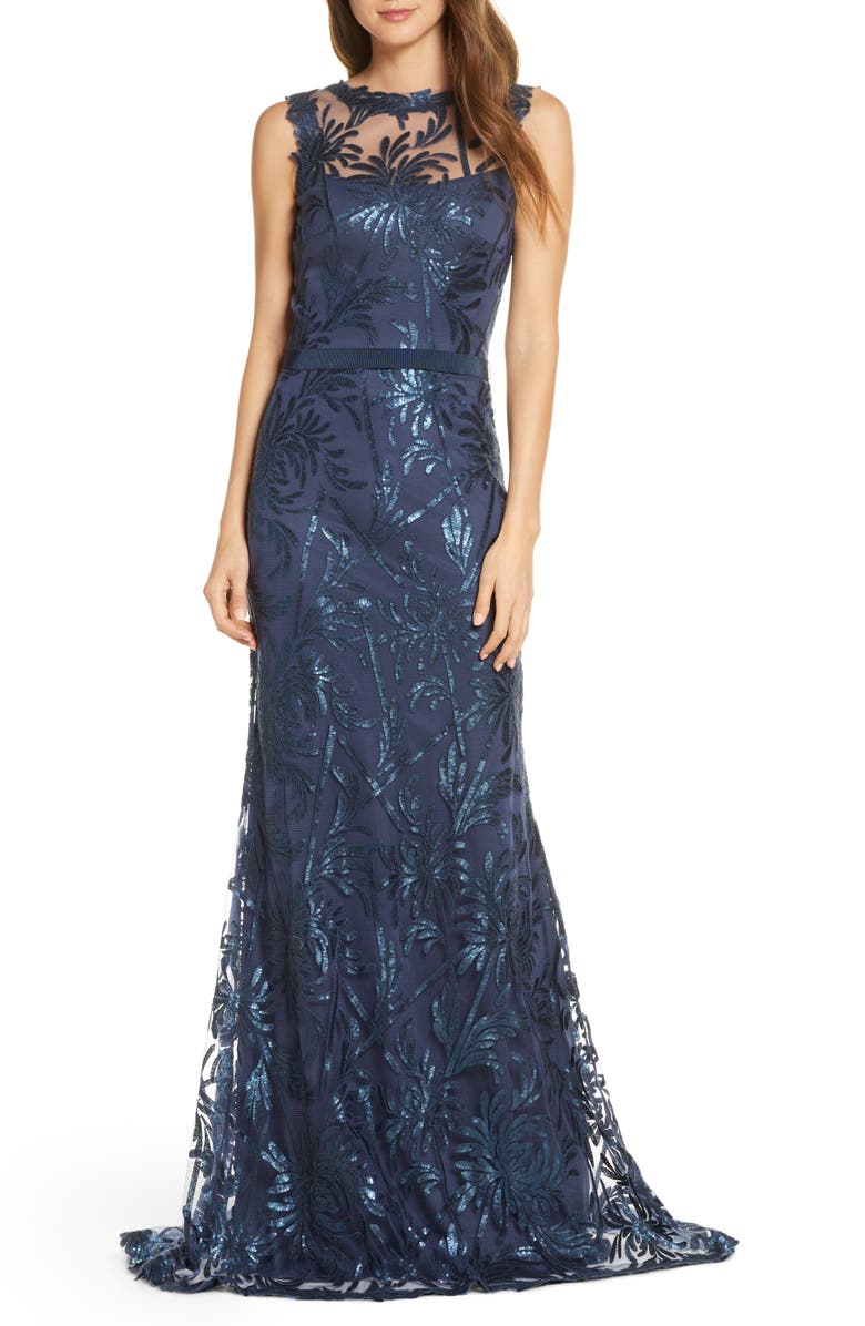 Tadashi Shoji Sequin Mesh Trumpet Gown, Main, color, 