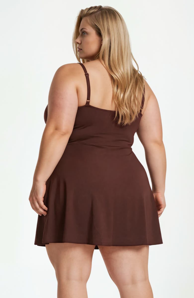 Calypsa Plus Size Alana Wrap-Style Swim Dress With Hidden Bottoms and Adjustable Straps, Alternate, color, Chocolate Brown