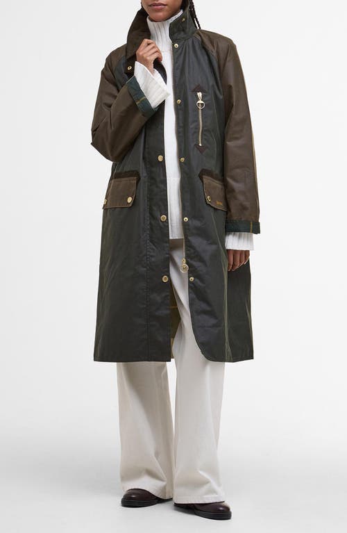 Barbour Long Length Waxed Jacket With Contrast Collar In Green