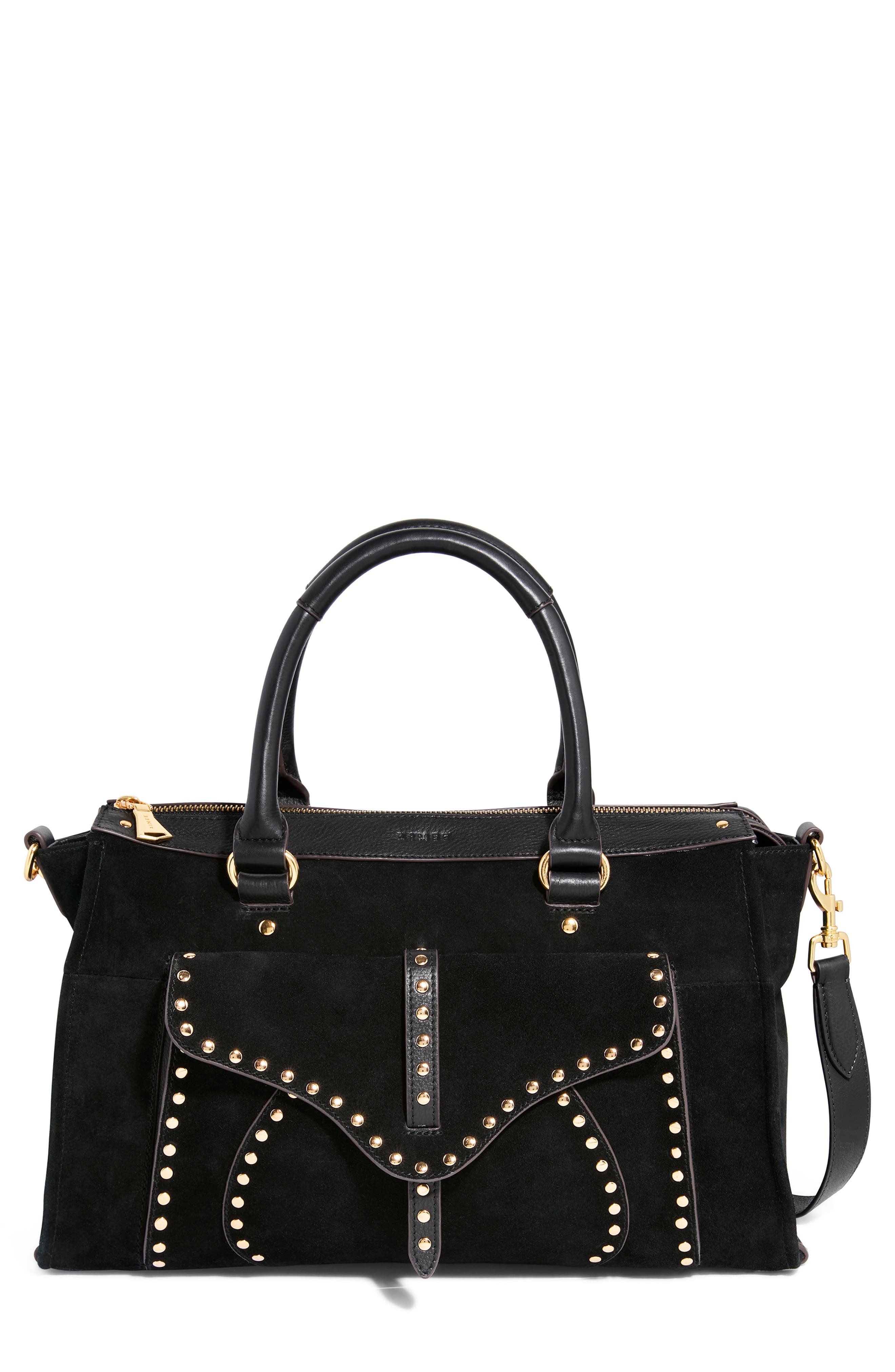 AIMEE Armour Leather Satchel, Main, color, Black Suede
