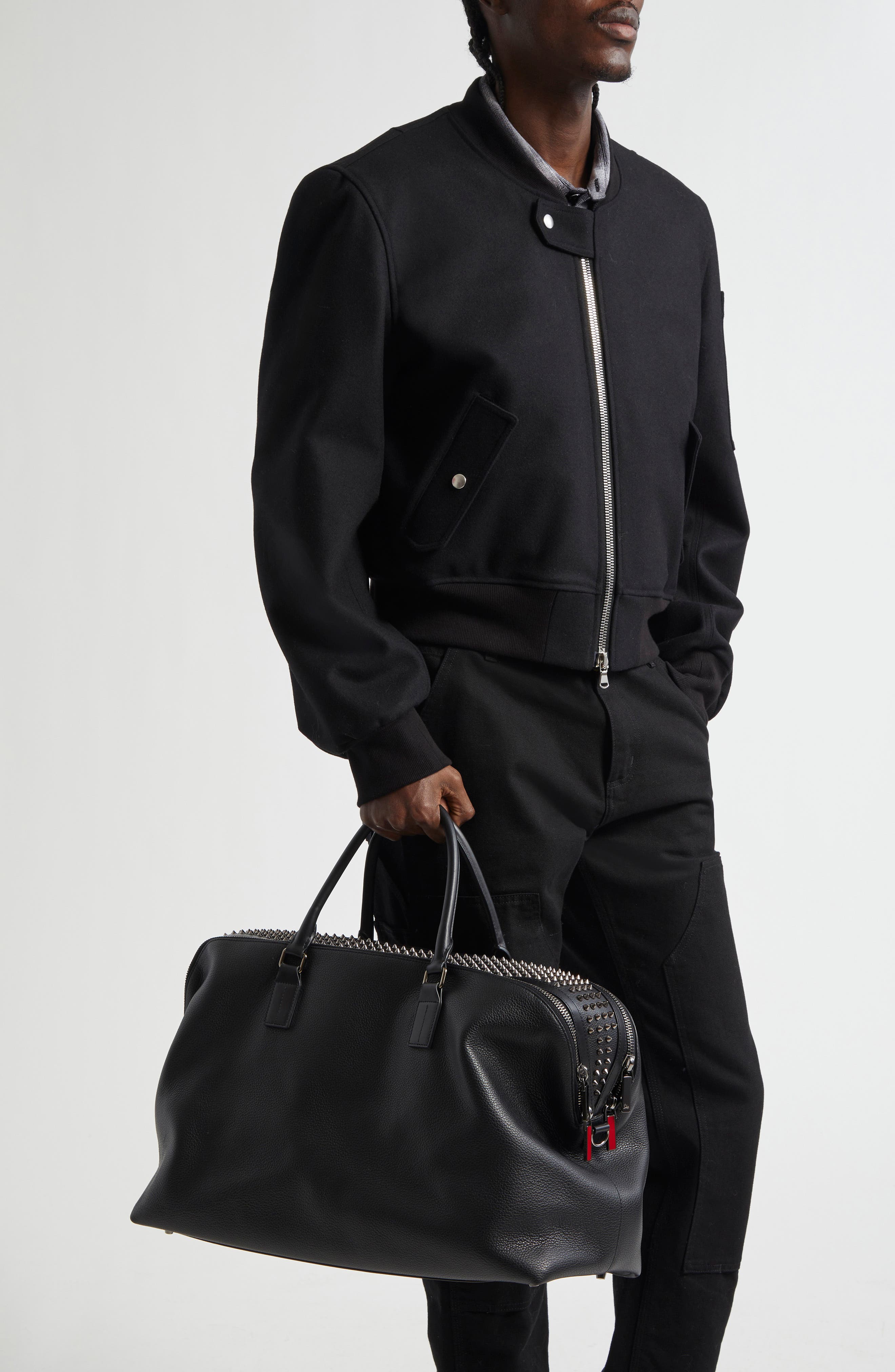 Christian Louboutin Funky Empire Spike Leather Duffle Bag, Alternate, color, Black/ Gun Metal