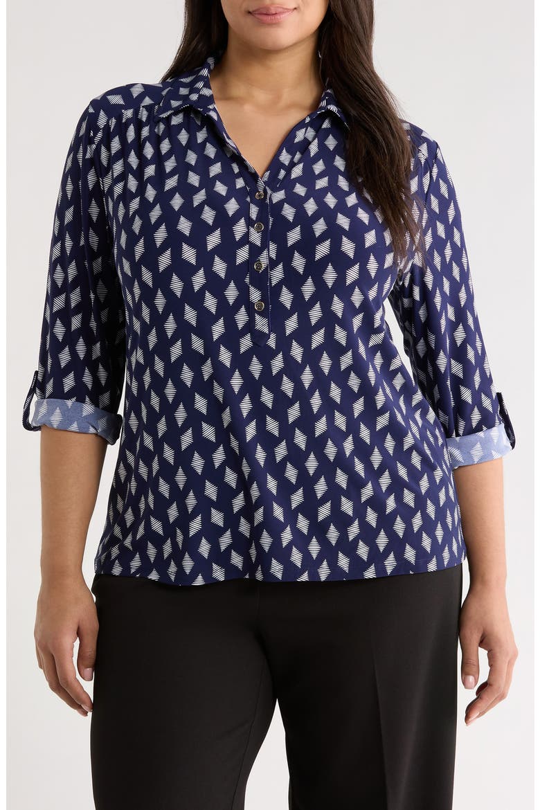Geometric Print Half Placket Shirt, Main, color, DISTANT MOUNTAIN/ WHITE DOVE