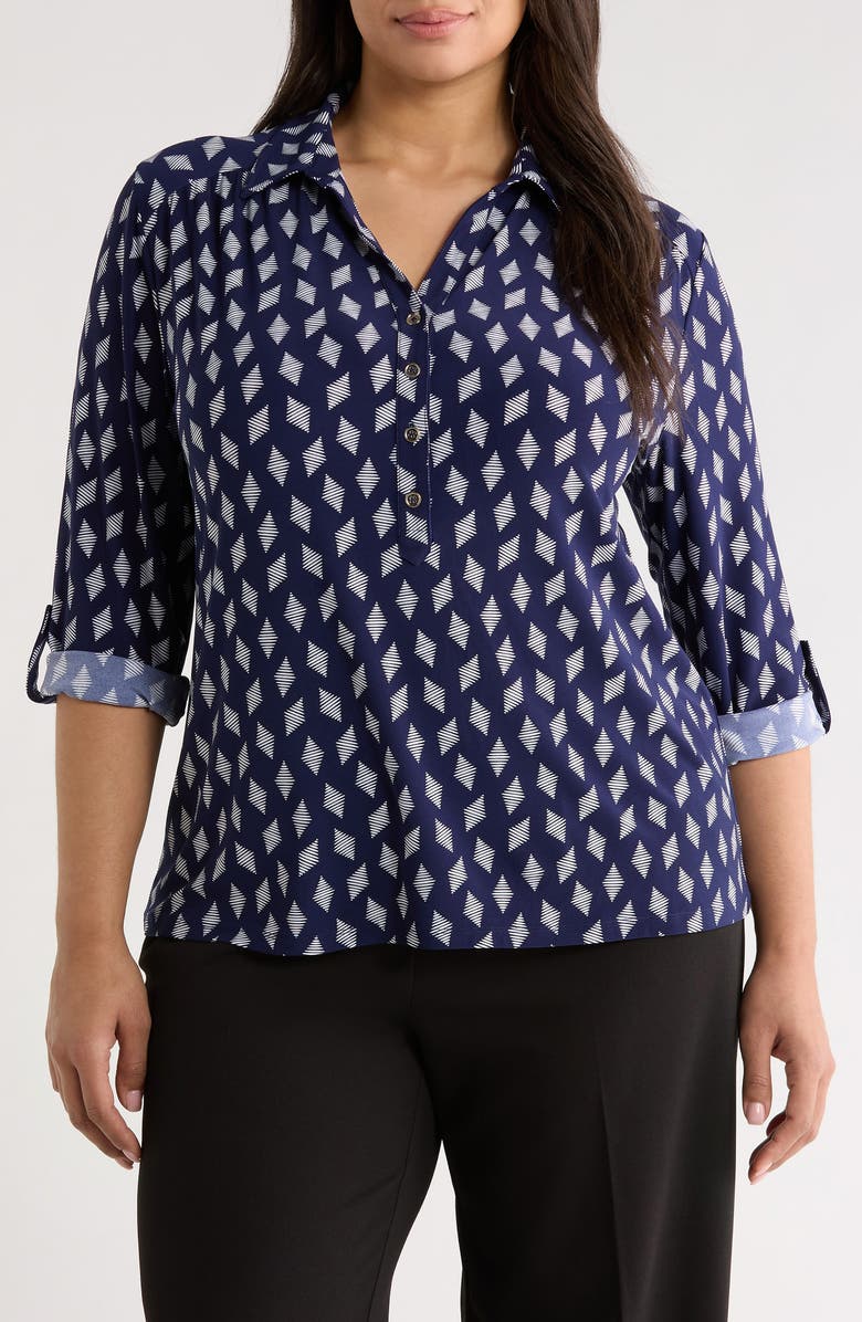 AK ANNE KLEIN Geometric Print Half Placket Shirt, Main, color, 