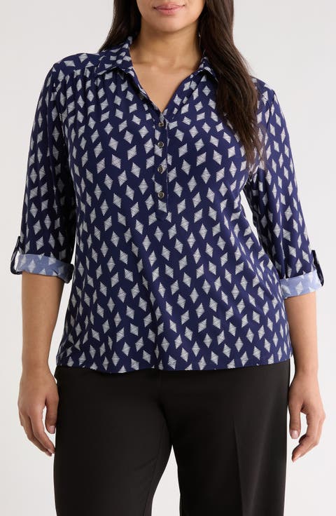 Geometric Print Half Placket Shirt (Plus)