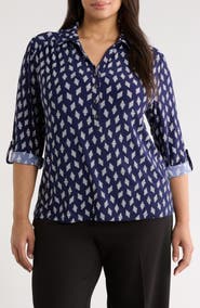 AK ANNE KLEIN Geometric Print Half Placket Shirt