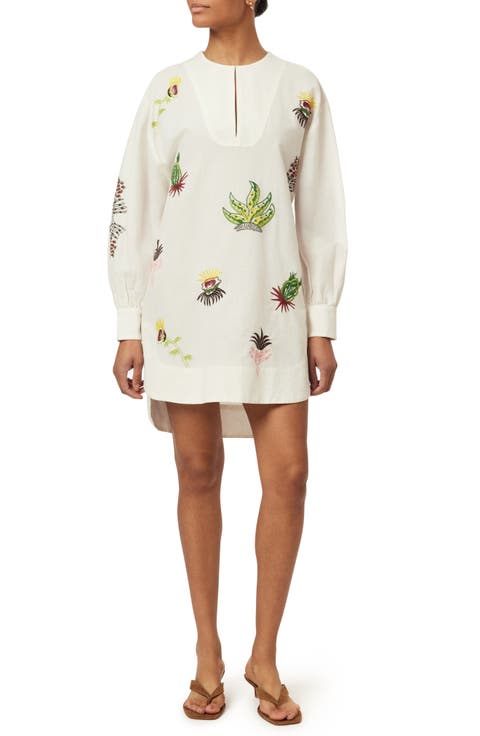 Embroidered Long Sleeve Cotton & Linen Shift Dress