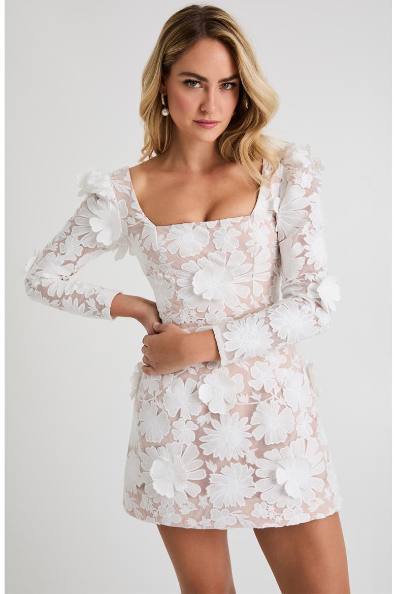 Ellen Flower Appliqué Long Sleeve Minidress, Alternate, color, WHITE