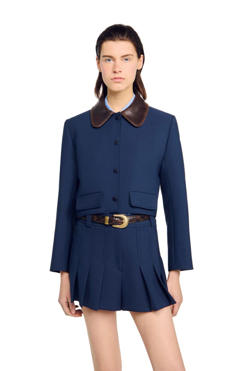 SANDRO Cropped jacket with leather collar, Alternate, color, Navy Blue