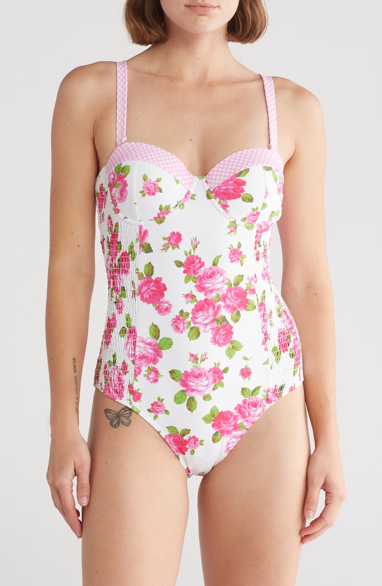 Betsey Johnson Smocked Corset One-Piece Swimsuit, Main, color,