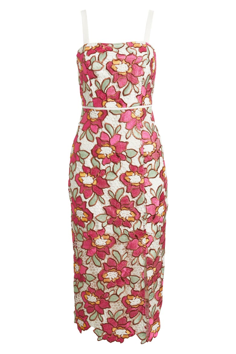 Embroidered Rose Midi Sheath Cocktail Dress, Alternate, color, PINK MULTI