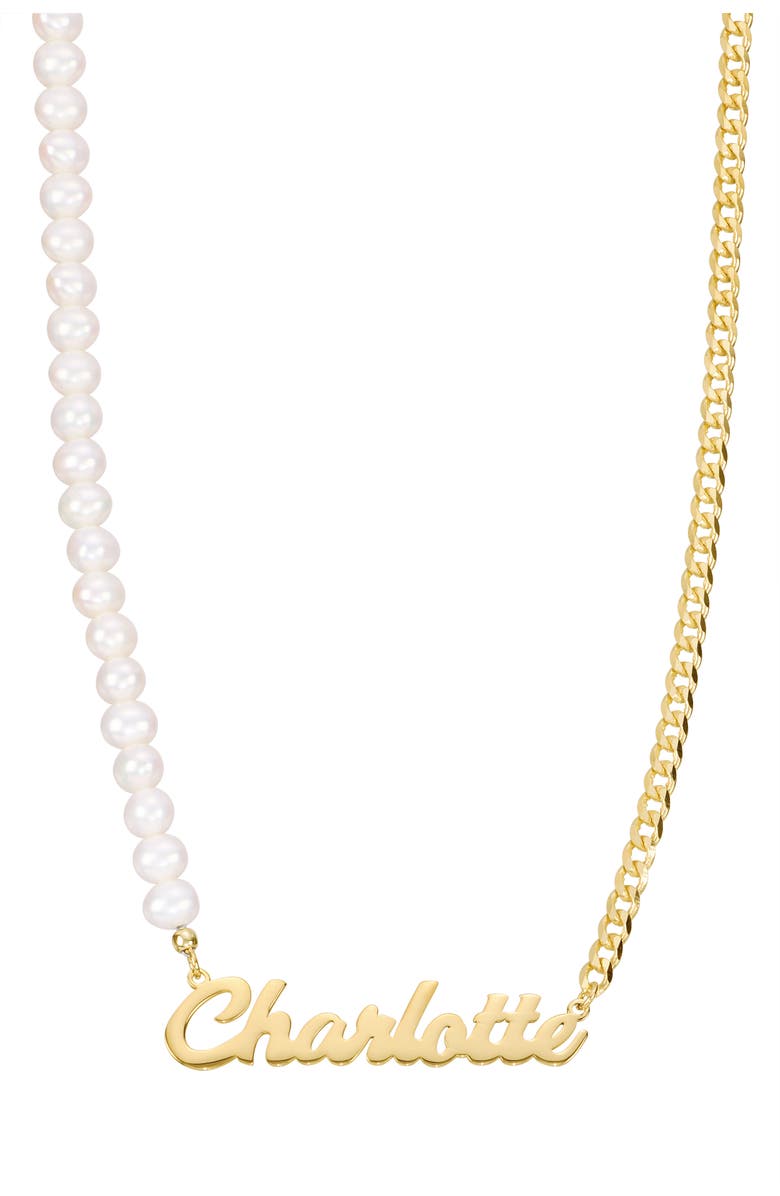 ATHRA LUXE Freshwater Pearl & Chain Link Personalized Name Necklace, Main, color, Gold