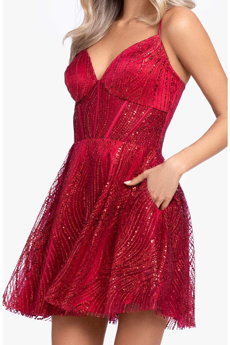 Sequin Sweetheart Neck Corset Fit & Flare Minidress, Alternate, color, RED
