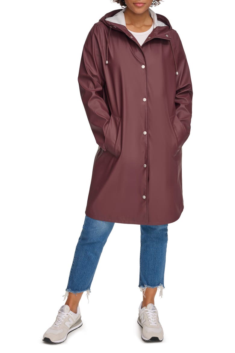 Water Resistant Hooded Long Rain Jacket, Main, color, DECADENT CHOCOLATE