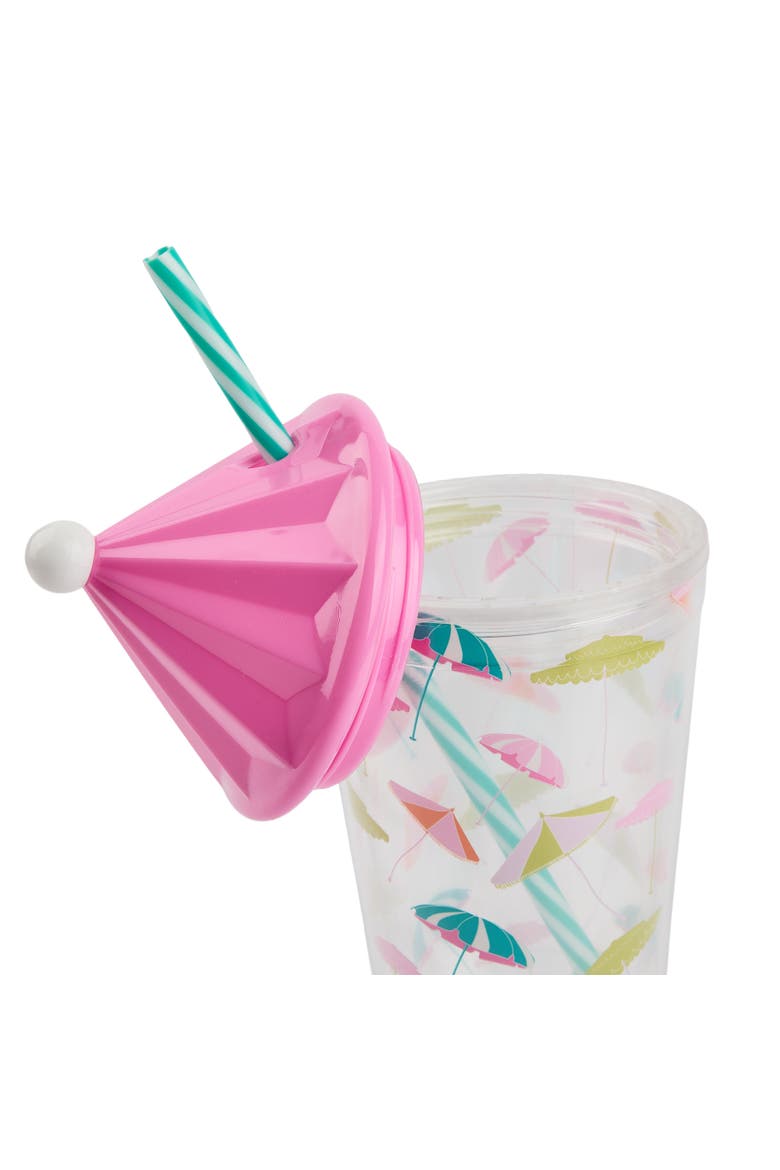 Umbrella Print Drink Tumbler | 18 oz Beach-Inspired Reusable Sipper Cup with Straw and Umbrella Lid | 9.25x4.25 Inch, Alternate, color, Multicolor