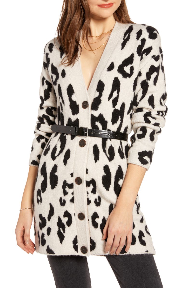 Something Navy Leopard V-Neck Cardigan, Main, color, 