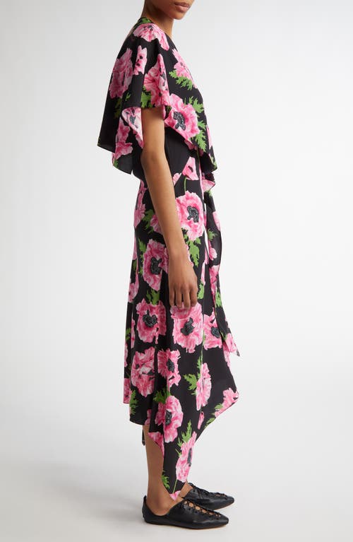 Stella Mccartney Poppy Print Ruffle Handkerchief Hem Silk Midi Dress In Black